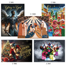 A collection of assorted holiday cards featuring various images related to the Christmas season, including nativity scenes, an angel, and festive gatherings, with a religious theme.