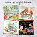 Four vibrant and original artworks with floral and nature-themed designs on a gray background.