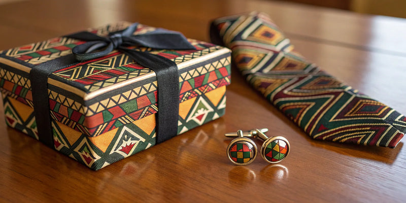A gift box with a tie and cufflinks in African-inspired patterns, a unique black fraternity gift.