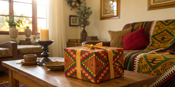 Afrocentric gift box with vibrant pattern and ribbon.