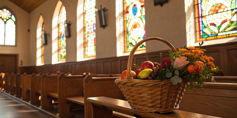 Church fundraising basket with fruit, flowers, and stained glass window.