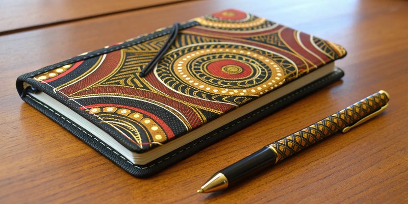 Afrocentric checkbook planner with vibrant patterns and a matching pen on a wooden desk.