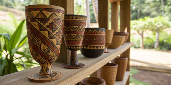 A collection of Afrocentric drinkware with bold, colorful patterns celebrating Black culture.