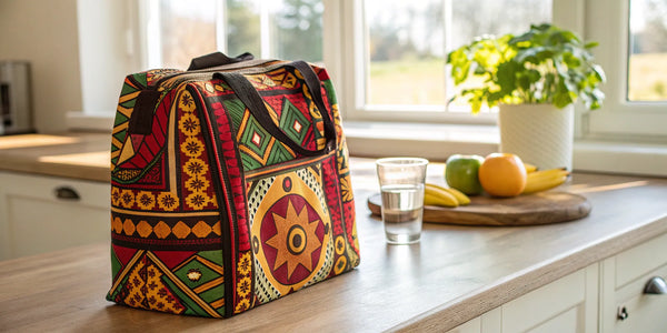 Afrocentric lunch bag with vibrant geometric patterns celebrating Black culture.