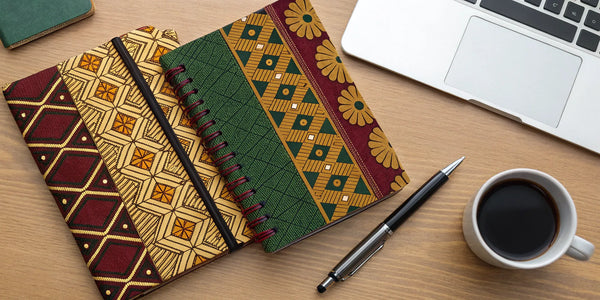 Afrocentric weekly planners with vibrant, culturally-inspired cover designs on a desk.