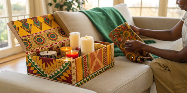 A curated Afrocentric subscription box with self-care items and products featuring colorful patterns.