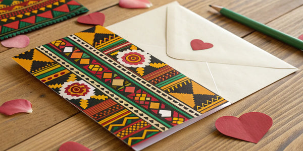Black-owned greeting cards with vibrant patterns and heart cutouts.