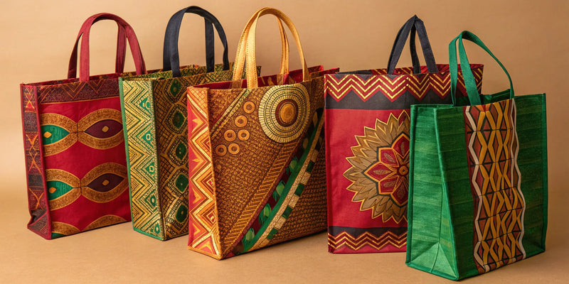 Afrocentric reusable shopping bags with bold, vibrant patterns celebrating Black culture.