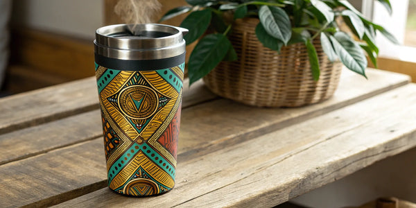 Afrocentric travel mug with vibrant African-inspired patterns for travel.