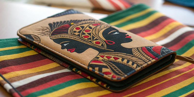 Black art phone wallet featuring a vibrant, African-inspired design.