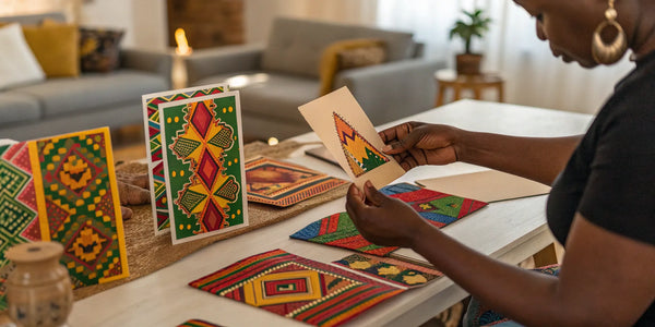 Black greeting cards with vibrant African-inspired designs.