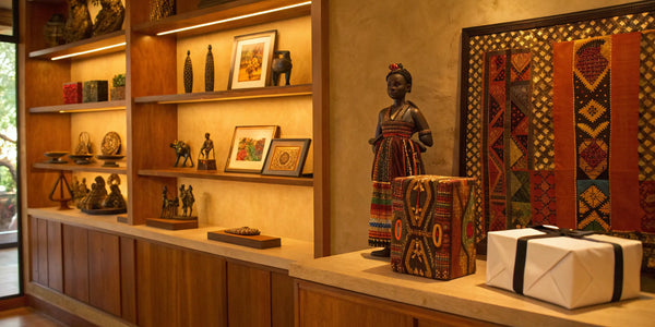 Black history merchandise displayed on shelves.