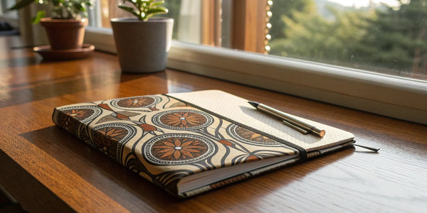Black-owned planner and pen on desk.