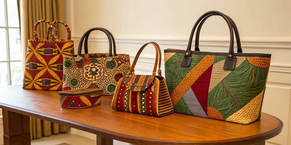 A collection of Afrocentric handbags with vibrant colors and bold patterns.
