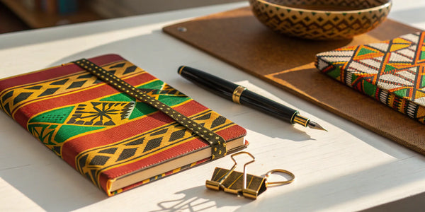 Stylish Afrocentric stationery featuring journals with vibrant African patterns and a fountain pen.