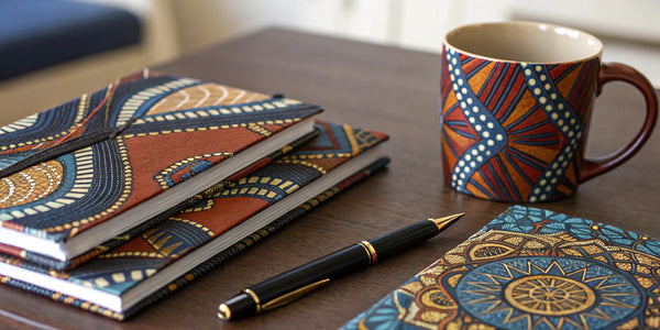 Stylish African American stationery, journal, pen, and mug.