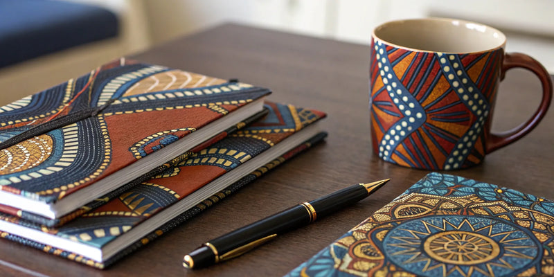 Stylish African American stationery, journal, pen, and mug.