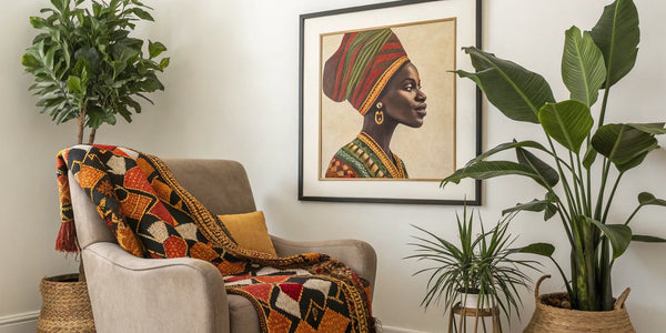 Stylish black art print in a cozy living room.