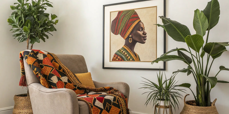 Stylish black art print in a cozy living room.