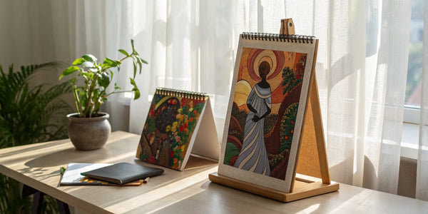Various Black artist calendars featuring colorful cultural artwork arranged on a desk.