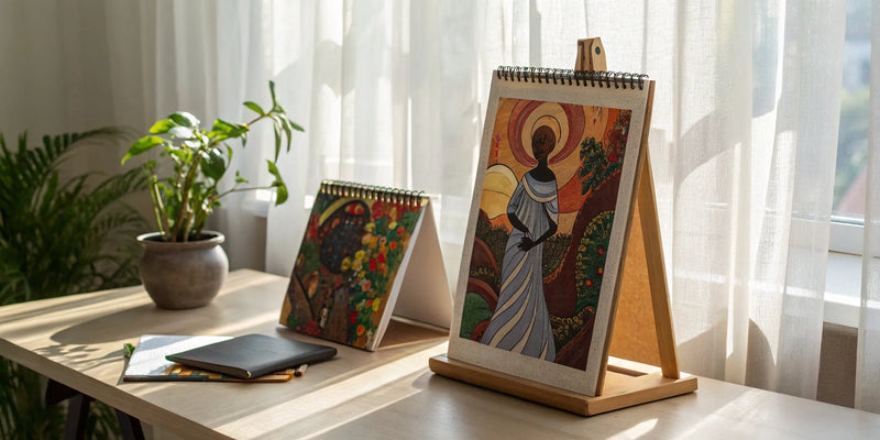 Various Black artist calendars featuring colorful cultural artwork arranged on a desk.
