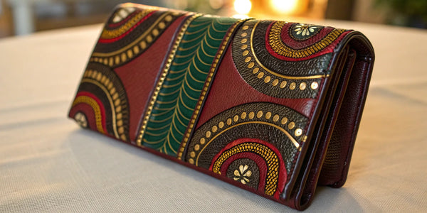 A vibrant Afrocentric wallet for women featuring a bold cultural design.