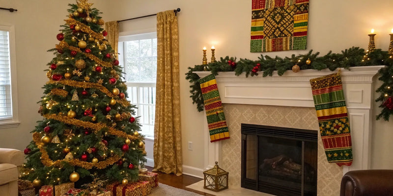 Festive African American Christmas decor with Kente cloth stockings and a decorated tree.