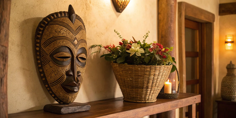 African American spiritual gifts: mask, basket, and flowers on shelf.