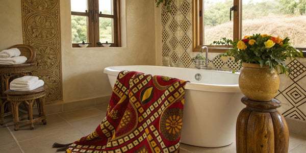 Afrocentric bathroom decor with patterned textiles and a freestanding tub.
