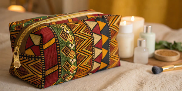 Afrocentric cosmetic bag with bold geometric patterns from a Black-owned brand.