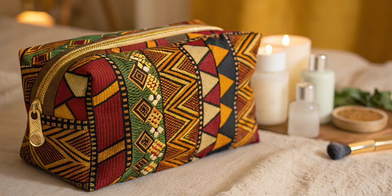 Afrocentric cosmetic bag with bold geometric patterns from a Black-owned brand.