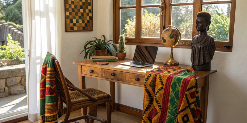 Inspiring Afrocentric home office decor featuring a wooden desk, bold textiles, and statement wall art.