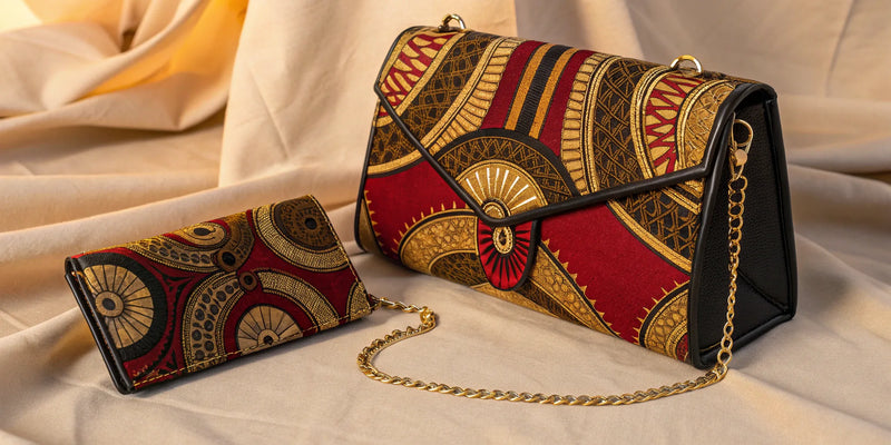 Stylish Afrocentric purse and wallet set with gold accents.