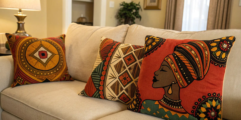 Stylish African American throw pillows add a cultural touch to a beige sofa.