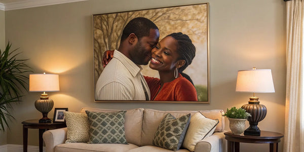 Black love art. Romantic couple's embrace.