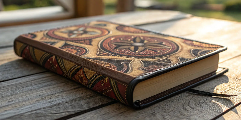 African American bible cover with vibrant colors and intricate patterns.