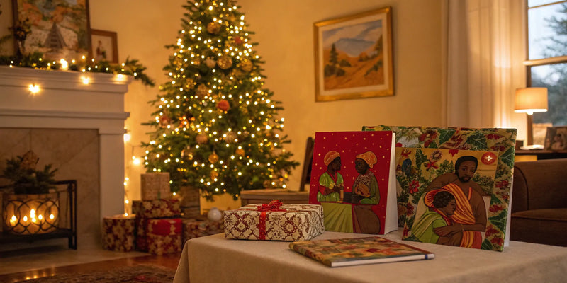 Joyful African American Christmas cards near a decorated tree.