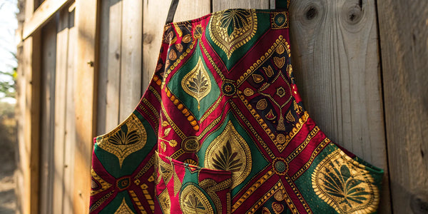 African American cooking apron with vibrant cultural patterns.