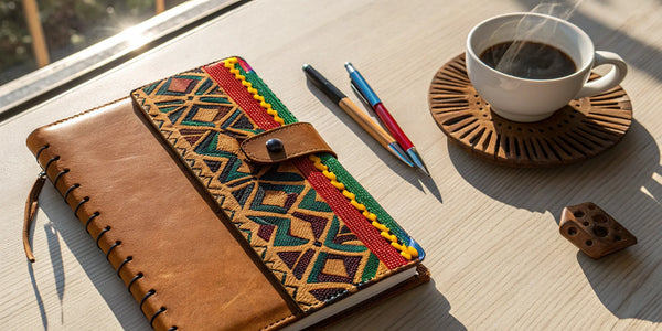 Afrocentric planner accessories: vibrant cover, pens, and coffee mug.