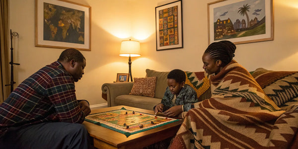Family playing a Black history board game.