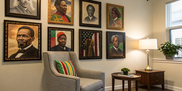 Black history posters in a cozy room setting.
