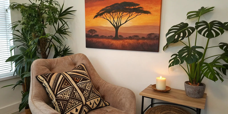 Black art elevates bedroom decor.