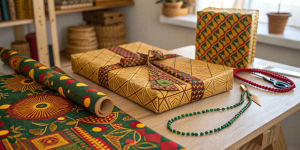 Presents wrapped in Afrocentric gift wrap with bold geometric patterns and Pan-African colors.