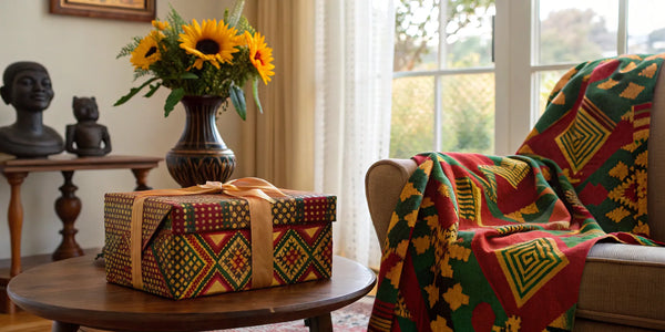 A meaningful African American gift box with vibrant kente-inspired wrapping and a bow.