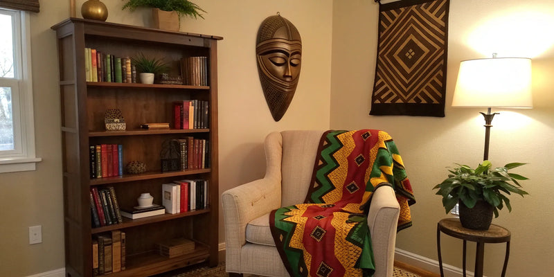 Black History Month decor: Cozy reading nook with African mask and patterned throw.