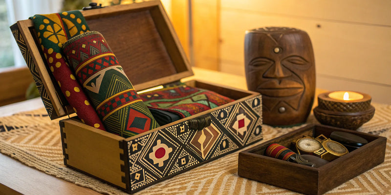 Black History Month gifts: African print fabrics and wooden decor.