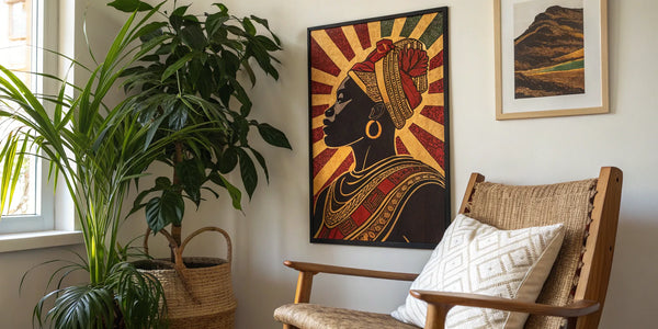 Stylish black art poster in a home setting.