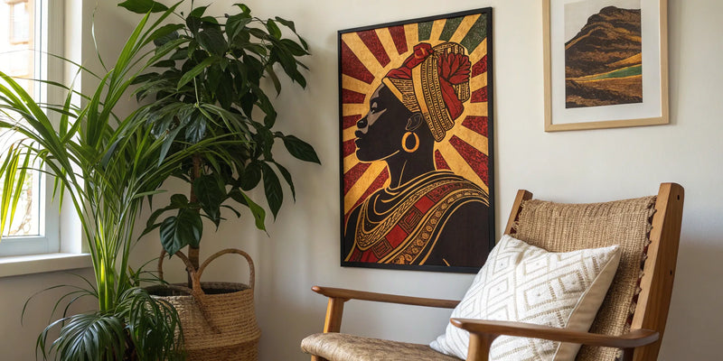 Stylish black art poster in a home setting.