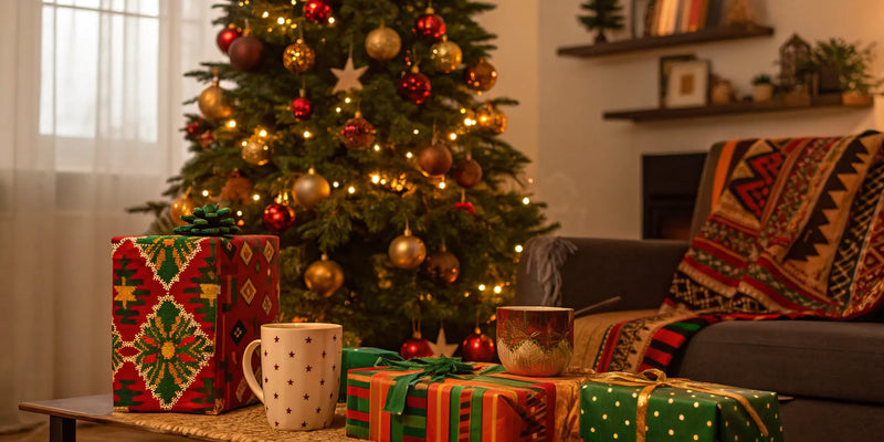 African American Christmas decor featuring ornaments, gifts, and mugs.