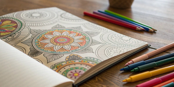 An Afrocentric coloring book with cultural designs being colored by pencils and markers.